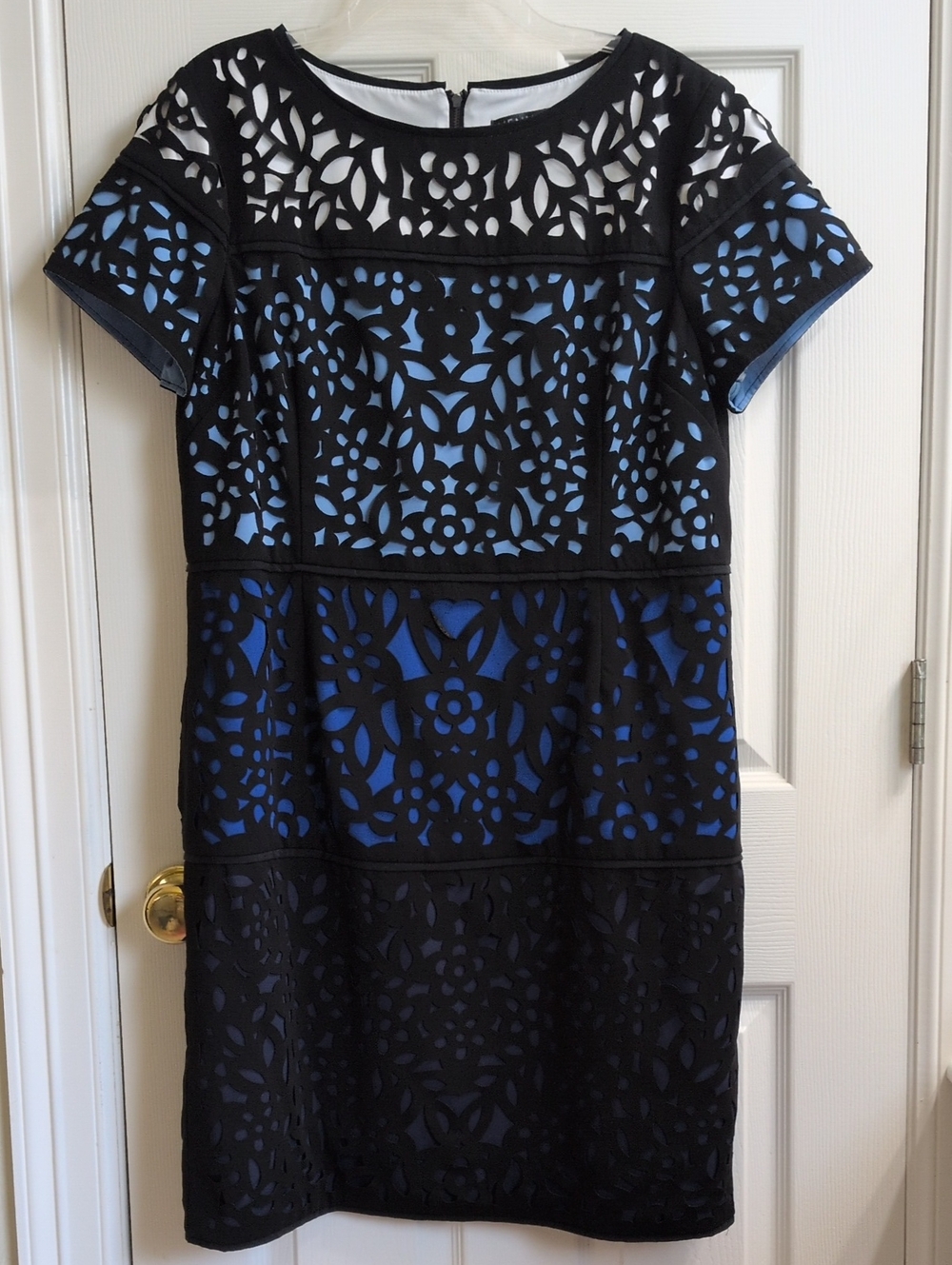 VENUS Black Laser-Cut Mini Dress with Blue Lining, Size 16